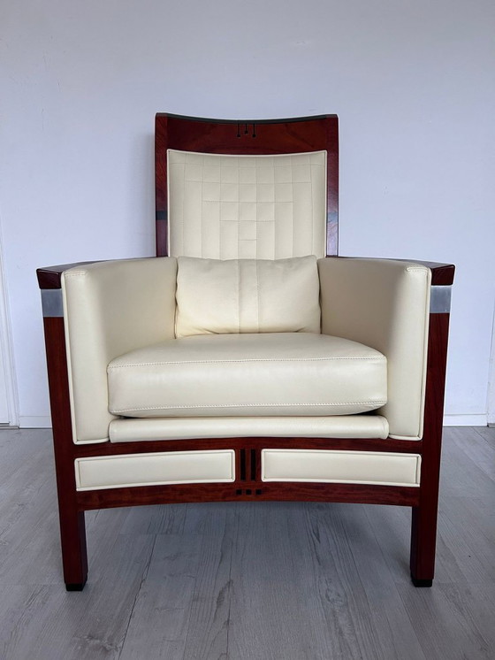 Image 1 of 2x Luxury Art Deco Schuitema design armchair Charles with cream leather from the Decoforma series with decorative stitching