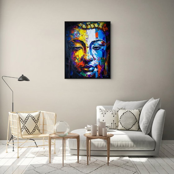 Image 1 of Uniek handgeschilderd Boeddha schilderij “Golden Balance” – Seksak Jaichumchen – 80×100 cm