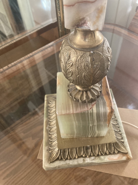 Image 1 of Schöne Vintage Tischlampe, Sammlerstück-grüner Onyx Marmor/Messing Fuß, schöner originele Schirm