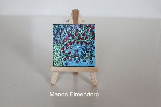 Image 1 of Unique Hand-Painted Small Painting with Donkey and Cat in a Tree