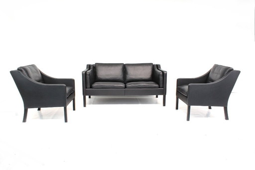 as new! Original Børge Mogensen for Fredericia Danish Lounge Set, Sofa and 2 Chairs, premium Leather, Oak, RP 31.161 Euro