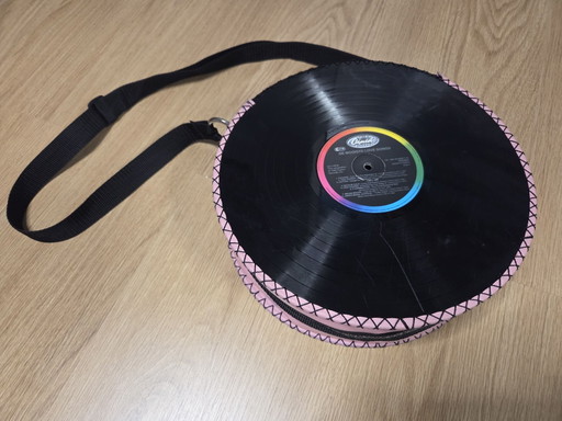 Borsa a spalla unica in vinile LP con pelle rosa