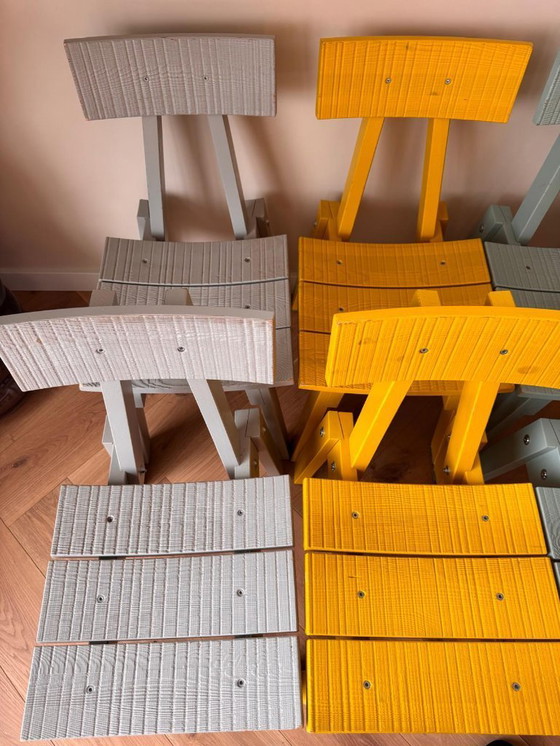 Image 1 of 6 Piet Hein Eek stoelen Industriell IKEA ( 2 X blauw, 2 X grijs en 2 X geel)