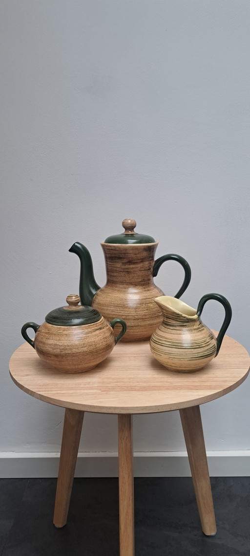 St. Clément France – 3‑delige vintage keramiek set – koffiepot, suikerpot & melkkan – houtnerf glazuur – mid‑century