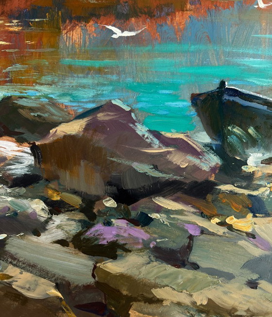 Image 1 of Original Oil Painting Autumn Coastal Landscape Birds fly over the river