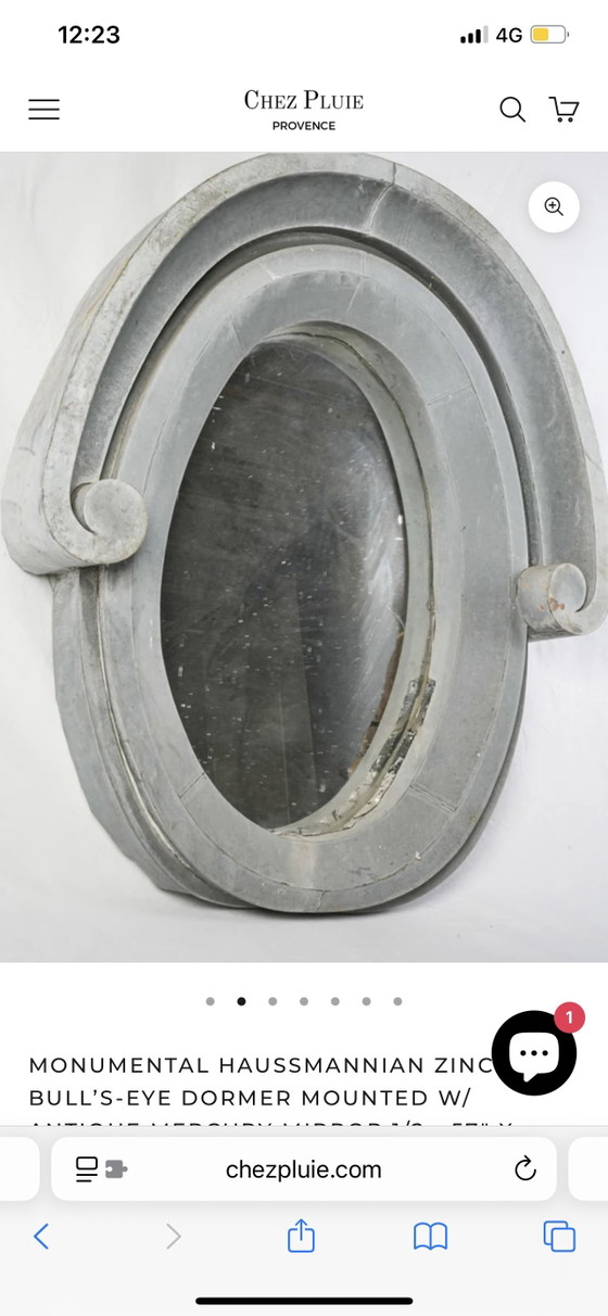 Image 1 of Specchio antico in zinco con finitura a mercurio, in una vetrata a occhio di bue.