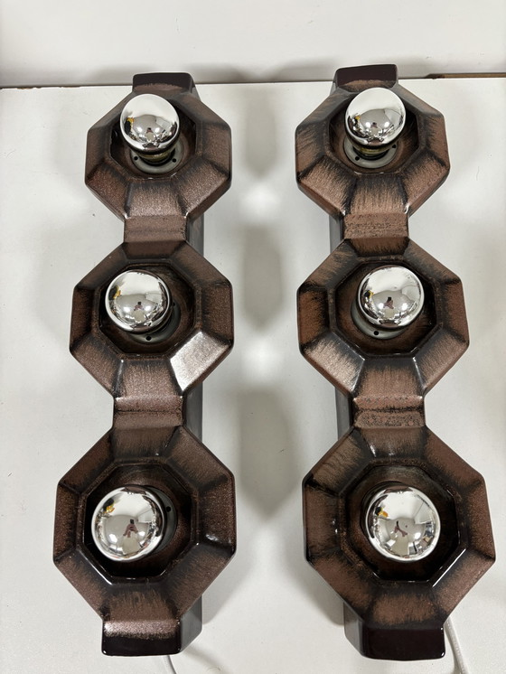 Image 1 of Lampade da parete in ceramica marrone di Pan, Germania, 1970, set di 2
