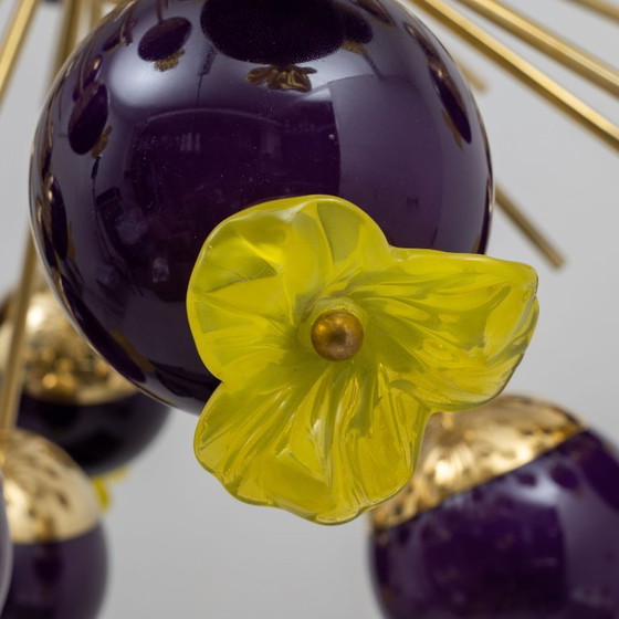 Image 1 of Italian Murano Glass and Brass Sputnik Chandelier, Yellow and Purple Spheres
