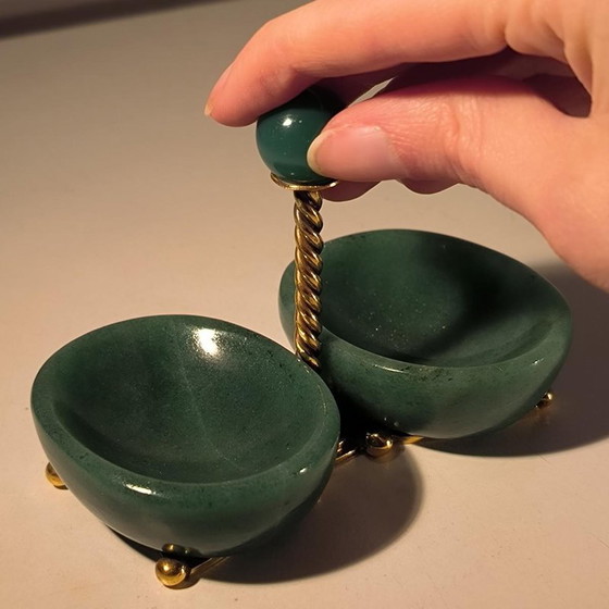 Salière double et coupelle à condiments en argent, vermeil et aventurine par Wolfers Frères, 1950 (photo 2 of 13)