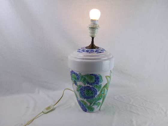 Image 1 of Signed FAM Faïencerie d’Art de la Malicorne Victor Deschang French Vintage Handmade Ceramic Table Lamp Floral Blue Design – 1960