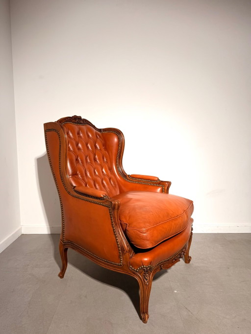 Antieke Cognac Leren Bergère Fauteuil – Wood