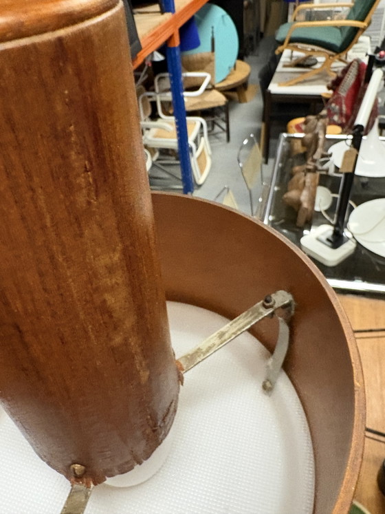 Image 1 of Temde Leuchten teak wood wooden veneer & plexiglas acrylic pendant hanging light lamp mid century modern 1970s seventies Swiss
