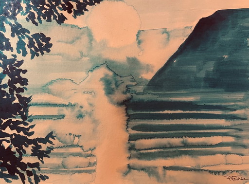 Monochroom blauwe aquarel "zonsondergang boven het meer"