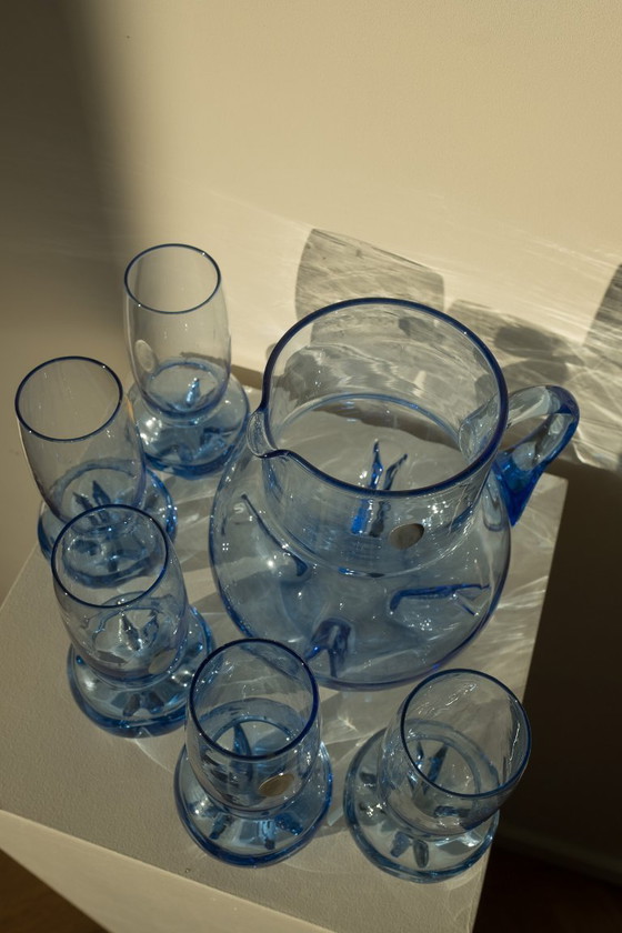 Image 1 of Vintage blue crystal glass set + carafe