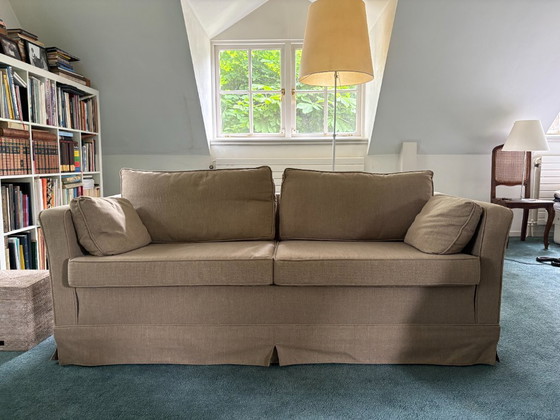 Image 1 of 2 banken merk Hustinx met sportieve linnen stof in beige/groene 