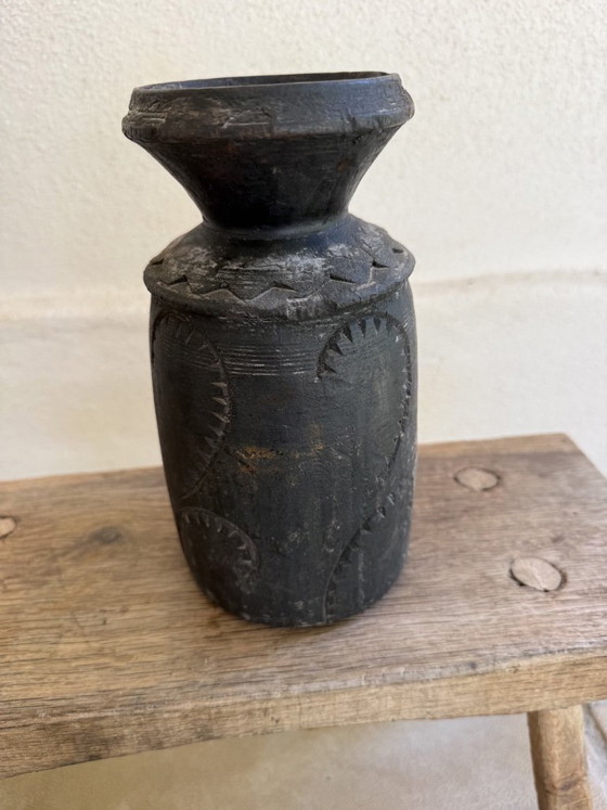Image 1 of Set of 3 Nepalese Indian pots, carved black wood, tribal & wabi-sabi style
