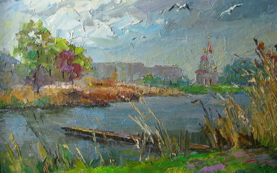 Origineel olieverfschilderij Herfstlandschap Stadsrand Meeuwen boven de rivier. Droge Kagamlyk (photo 4 of 8)