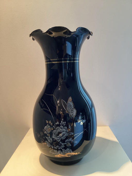 Precioso Jarrón Vintage Italiano de Opalina Fiorentina - Negro/Oro con Mariposas Pintadas a Mano (36 cm). ¡En perfecto estado!