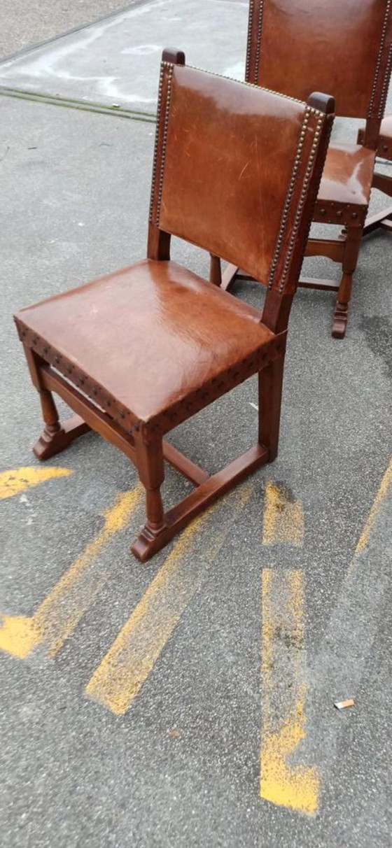 Image 1 of 6 x vintage  Spanish solid wood and leather dining chairs