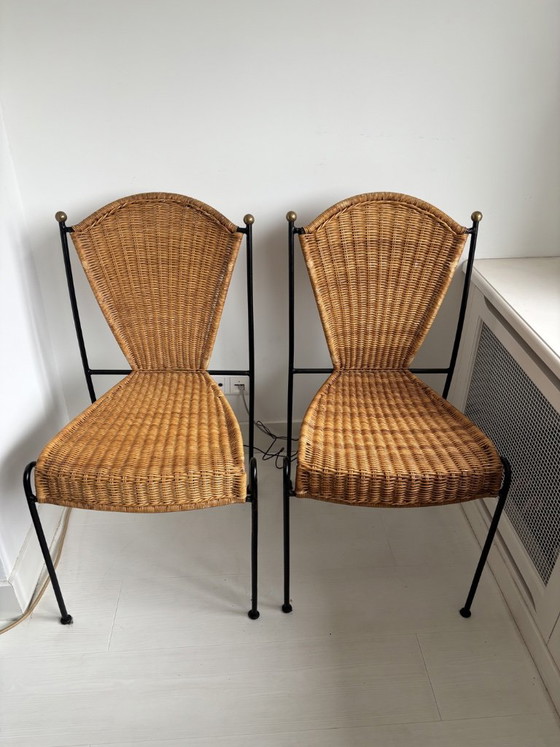 Set aus 6 Frederic Weinberg Stühlen, 1950er Jahre, Frederick Weinberg, Esszimmerstühle, Metall, Rattan (Foto 2 von 13)