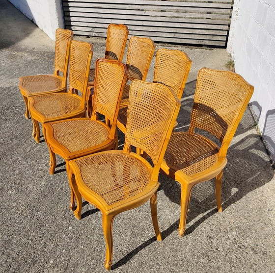 Set di 8 sedie da pranzo francesi vintage in rattan - 8 sedie da cottage in legno di ciliegio - Stile Luigi (photo 6 of 15)