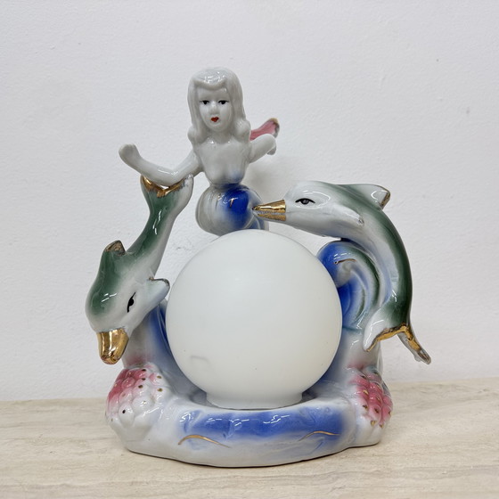 Image 1 of Vintage keramieken tafellamp met zeemeermin en dolfijnen, jaren 1980