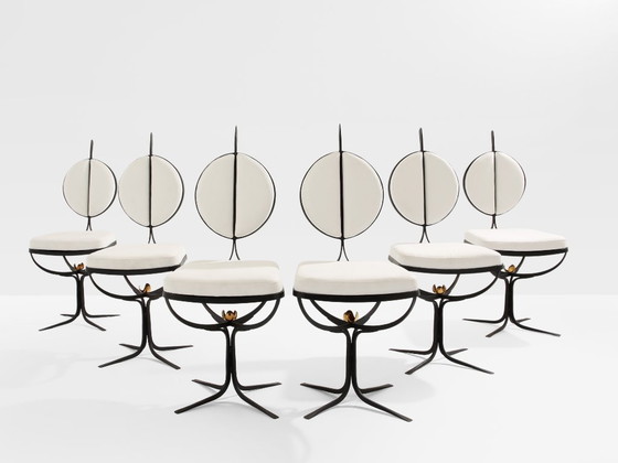 Image 1 of French brutalist wrought iron alcantara set of 6 chairs 1990