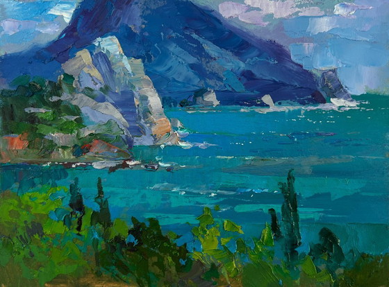 Image 1 of Original Oil Painting Summer Coastal Landscape The fusion of sea and mountains