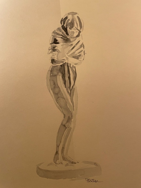 Image 1 of monochrome sepiafarbene Aquarellstudie der Statue „Die zitternde Frau“ von Houdon