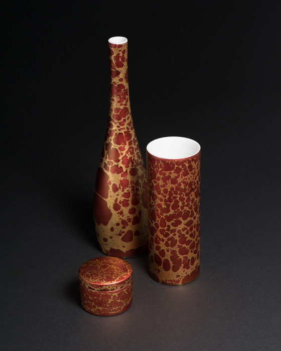 Image 1 of Rosenthal H. Drexler Vase Duo en porcelaine peinte à la main et boîte à couvercle Goldfeuer