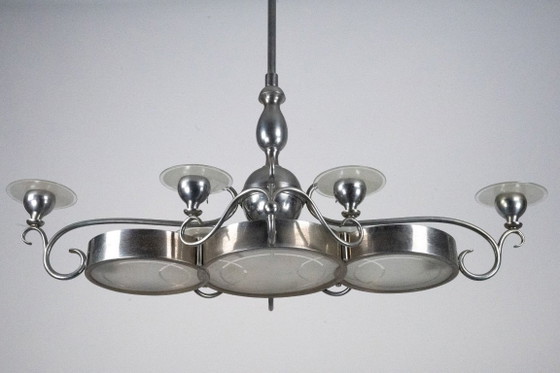Image 1 of Lampadario italiano Art Déco in nichel, ottone e vetro satinato, anni '30.