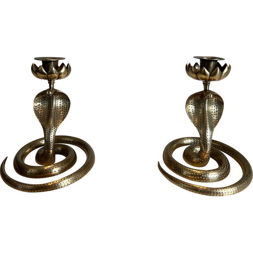 Pair of vintage cobra candlesticks in chased bronze, France 1940
