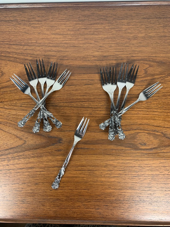 Image 1 of Set of 10+1 Japanese Stainless Steel Dessert Forks, Rose Pattern, 1970