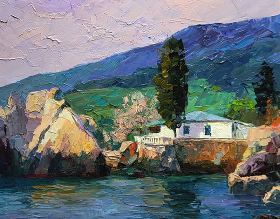 Original Oil Painting Seascape Rocks House On The Beach Morning At Sea – Paintings & Drawings, Canvas (photo 5 of 7)