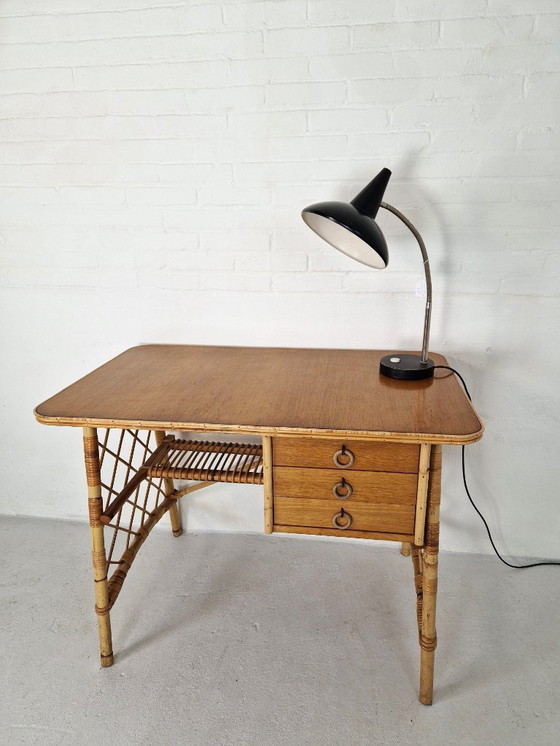 Image 1 of Vintage Louis Sognot Desk, Rattan 1960s
