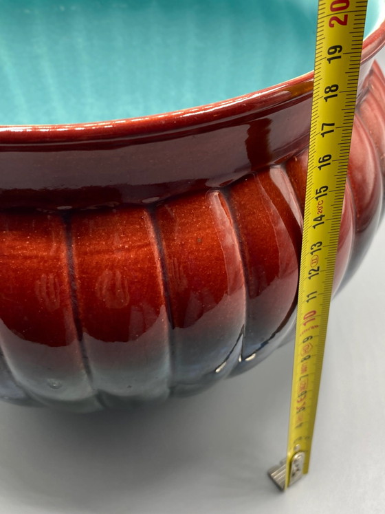 Sarreguemines Slipware Planter – Polychrome Red and Blue Glazes – Crockery, Ceramic, Art Nouveau (photo 11 of 11)