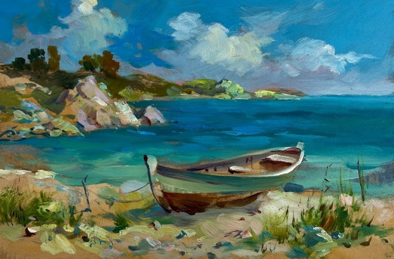 Image 1 of Original Oil Painting Coastal Rock Landscape Boat on the seashore