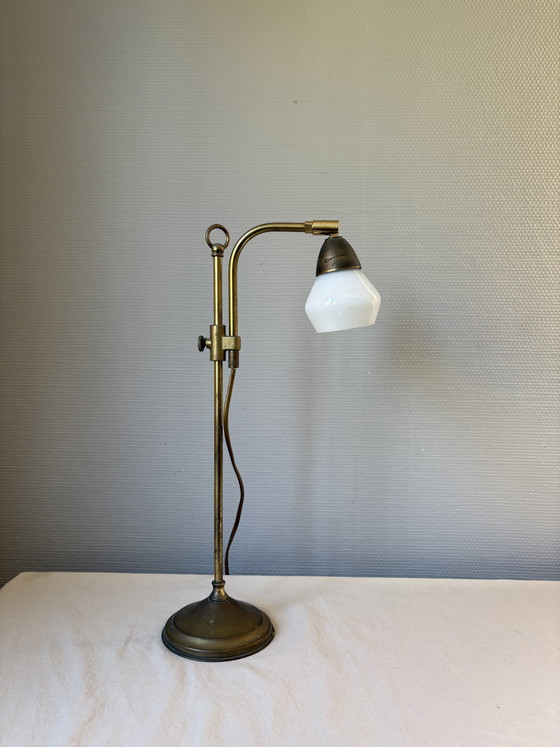 Image 1 of Vintage Art Deco brass with white milk glass shade, adjustable in height