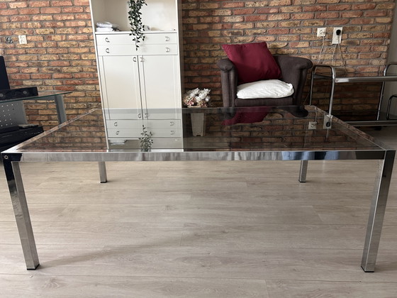 Image 1 of Rare Vintage IKEA 'Tord Björklund' Rectangular Coffee Table 1980s – Square Chrome & Grey Smoked Glass