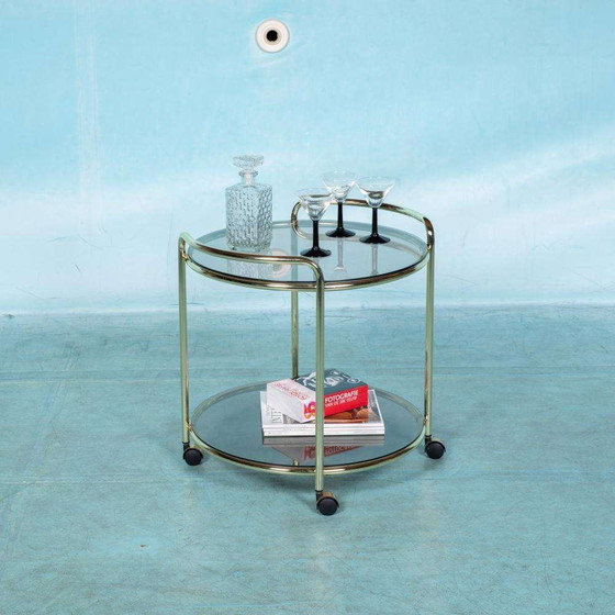 Image 1 of Vintage trolley brass & smoked glass Space age bar cart brass
