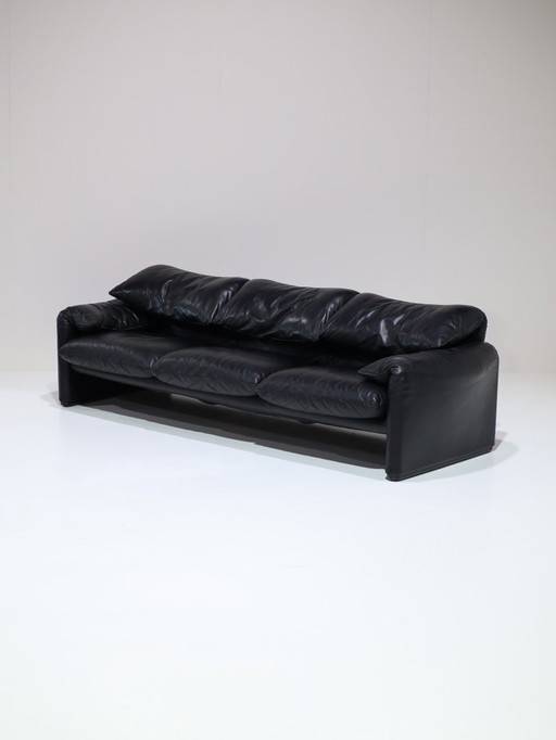 Cassina Maralunga 3-Sitzer-Sofa aus schwarzem Leder von Vico Magistretti