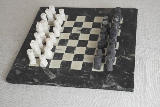 Handpainted Fossil Marble Chess Board, Vintage 1970s Cheese Charcuterie Tray, Black White Checkered Orthoceras Decor Gift