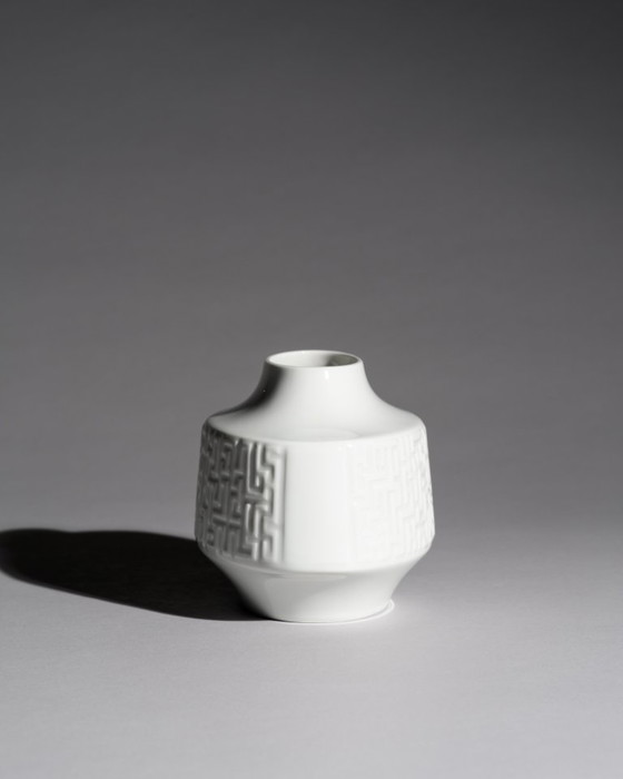 Image 1 of Heinrich Porcelain Vase “Labyrinth” White Relief Porcelain H&C Selb Bavaria 1960