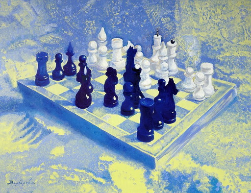 Original Oil Painting Modern Art Symbolism Chess White And Black – schilderijen tekeningen, Canvas