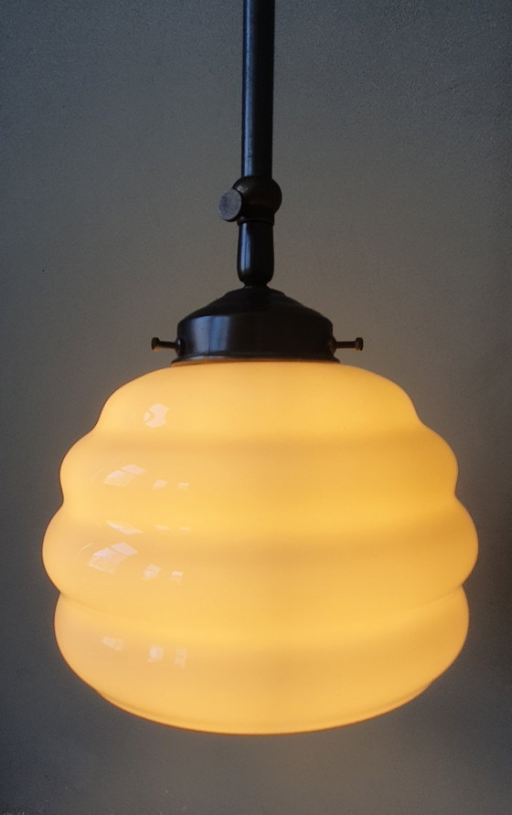 Image 1 of Long Vintage Art Deco Rose Opaline pendant lamp - hanging lamp