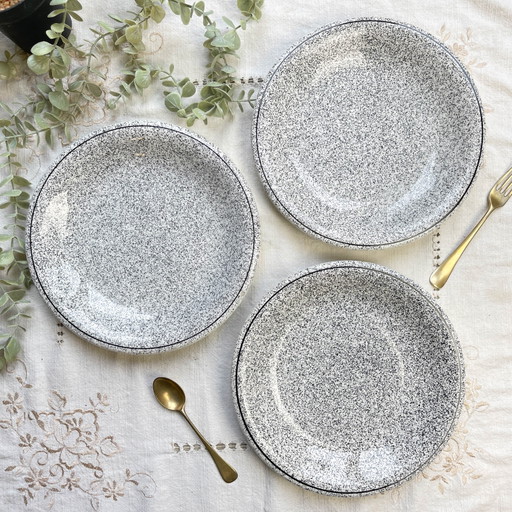 3 Italian black and white speckled earthenware plates