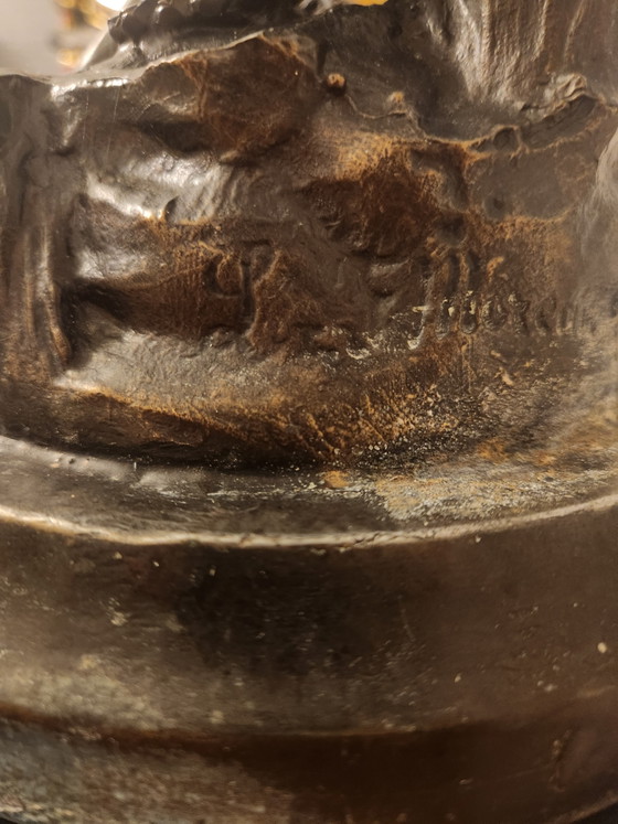 Image 1 of Grote Monumentale Bronzen Lamp / Vloerlamp naar L. & F. Moreau - "Vrouw met lier" met Tiffany-stijl glaskap - 100 cm - 15,5 kg