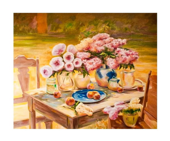 Image 1 of Oil painting of a garden with a table and flowers. Oil painting of a garden with flowers and fruit. New.