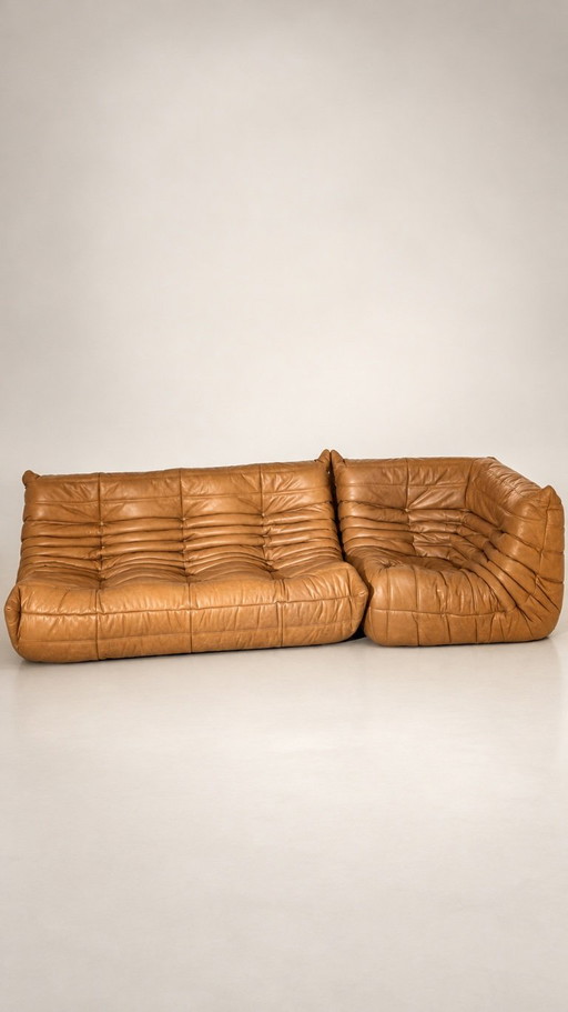SET de 2 canapés Togo Michel Ducaroy pour Ligne Roset, en cuir camel