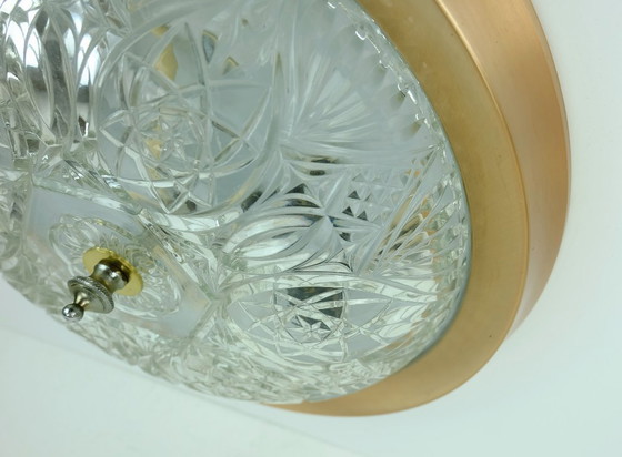 Image 1 of mid century ceiling LAMP flush mount textured glass and aluminum 1970s hollywood regency